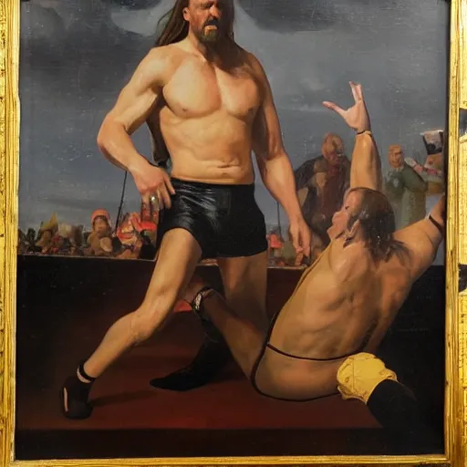 Image similar to vince mcmahon & triple h in the ring, painted by the old dutch masters,