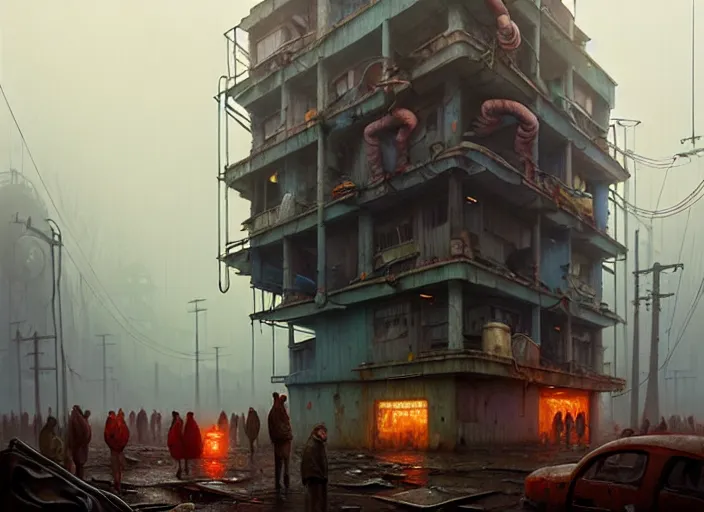 Prompt: waiting in line for cold soup by simon stalenhag and gil elvgren and tom bagshaw and marc simonetti and jan miense molenaer, slums, highly detailed, hyperrealism, dreary, cold, cloudy, grey, smog, high contrast, smogpunk, atompunk, high saturation, intricate complexity