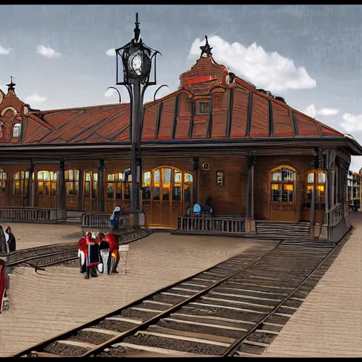 Prompt: realistic digital painting of a steampunk train station, Victorian, futuristic