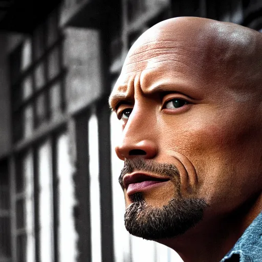 Prompt: closeup portrait of a Dwayne Johnson , new york back street , by Steve McCurry and David Lazar, natural light, detailed face, CANON Eos C300, ƒ1.8, 35mm, 8K, medium-format print