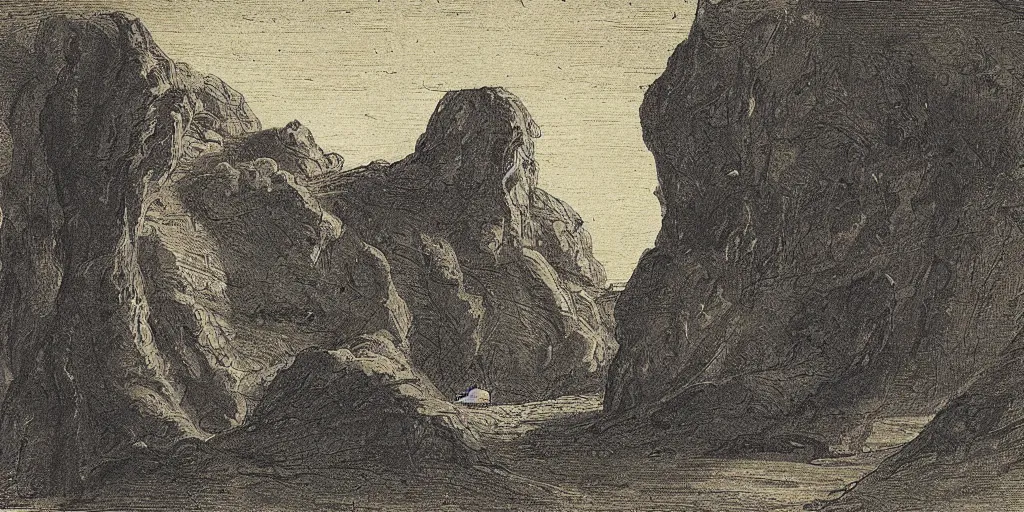 Prompt: an illustration of a cave in a sketchbook, 18th century, landscape