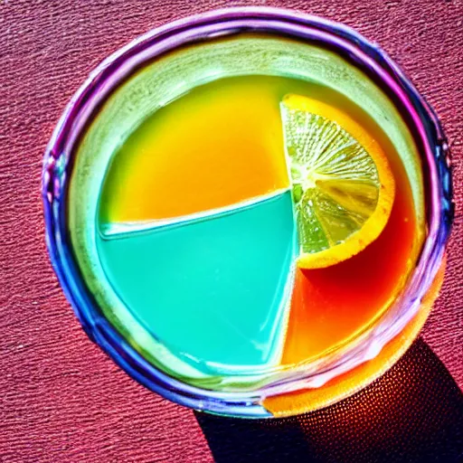 Prompt: colorful beverage in intricately shaped glass, bright evening sunlight lighting, overhead view.