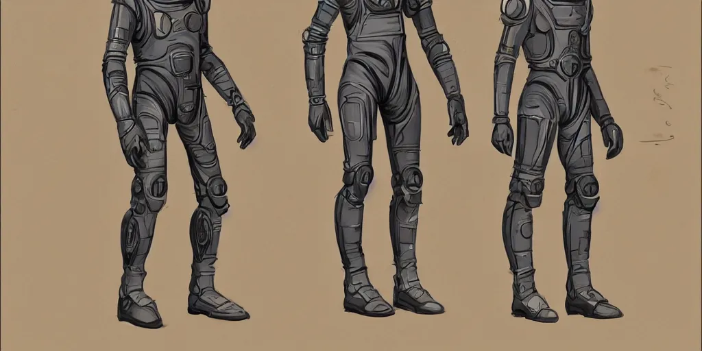 Image similar to male, fully body, elongated figure, science fiction space suit with a helmet, large shoulders, short torso, long thin legs, tiny feet, character sheet, digital sketch, hyperdetailed, dieselpunk, super stylized character design, concept design