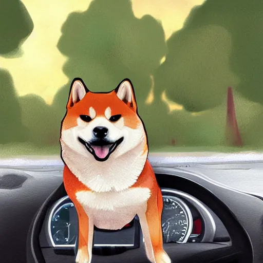 Image similar to anthro shiba inu driving a car, digital art