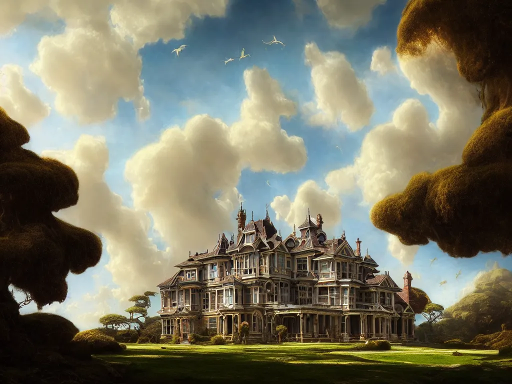 Prompt: gorgeous complex victorian mansion in a beautiful coastal landscape, sunny sky with fluffy clouds, iredescent soft glow bloom effect, dream - like, baroque portrait painting, perfect composition, beautiful detailed, intricate detailed octane render, unreal engine 5, trending on artstation, 8 k, chiaroscuro, masterpiece, raphael, caravaggio, beksinski, ghibli