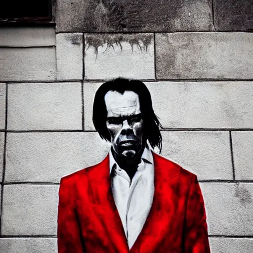 Prompt: portrait of nick cave looking intense street art black white and red