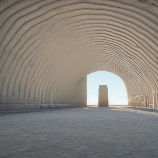 Prompt: a photo of the interior of a vast vaulted structure made of concrete, the structure is in the desert, the structure is tall and infinite, volumetric lighting, light rays, photorealistic, ultrarealistic, coronarender, 8k