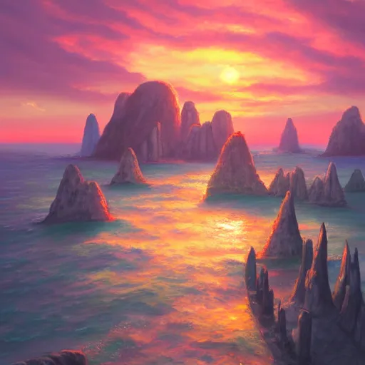 Image similar to beautiful matte digital fantasy concept art of the shore of the island of monuments and statues, with a spectacular sunset, from the studio ghibli movie island monuments, by andreas rocha, pastel color palette, trending on artstation hq, 8 k