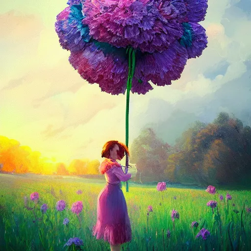 Image similar to girl with a giant carnation head, surreal photography, flower field, sunset dramatic light, impressionist painting, colorful clouds, blue sky, digital painting, artstation, simon stalenhag