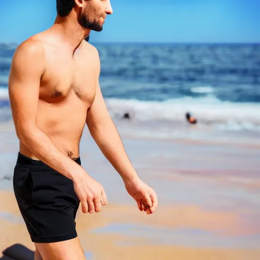 Image similar to a man walking in a sunny day in the beach with black shorts, realistic