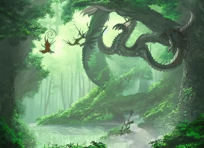 Prompt: Ancient magical forest with a flying a dragon, studio Ghibli style, highly detailed