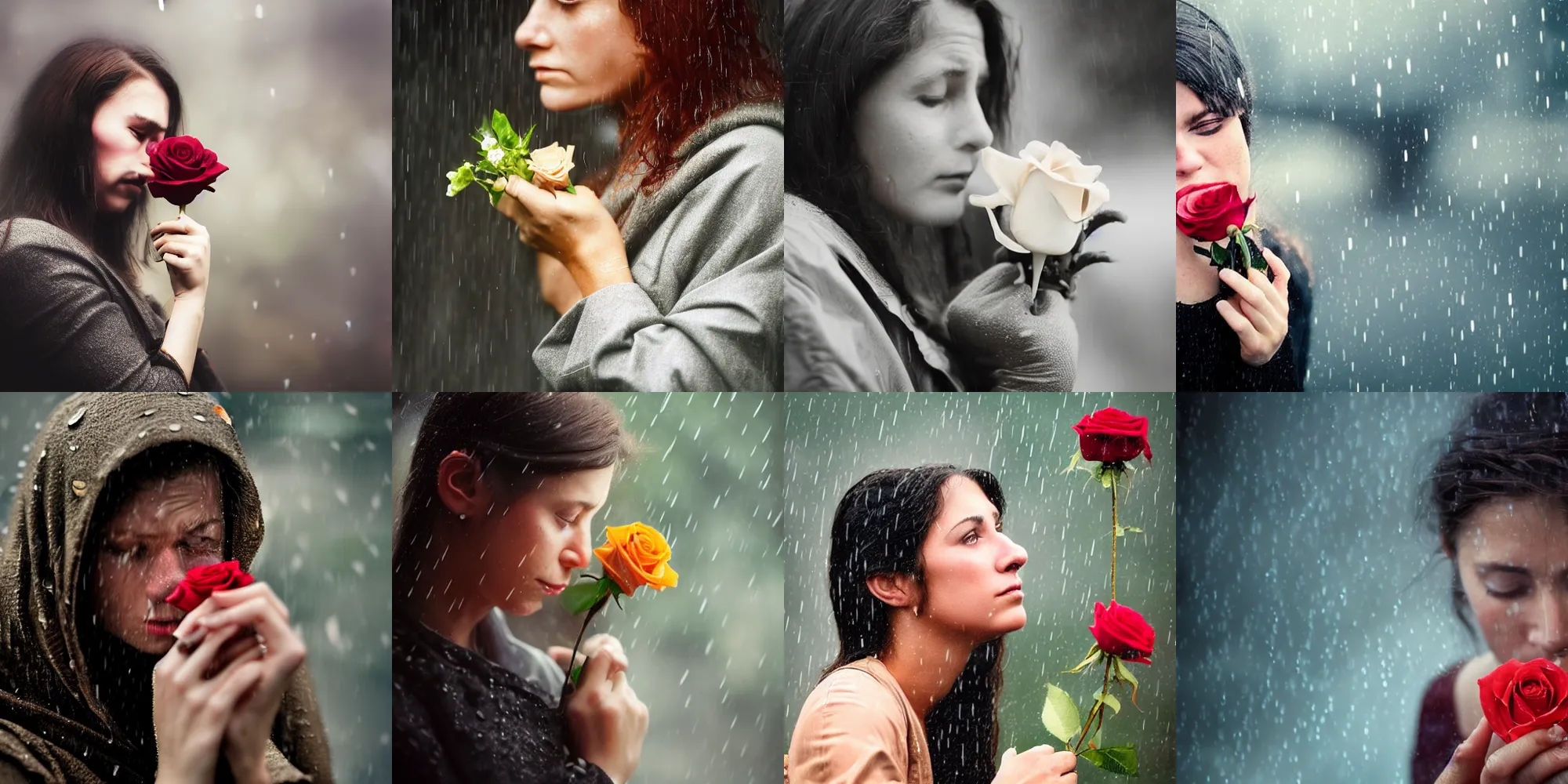 Prompt: a close - up of a young teary - eyed woman clutching a small rose in the rain!!, photorealistic, photo by annie leibovitz, moody, bokeh