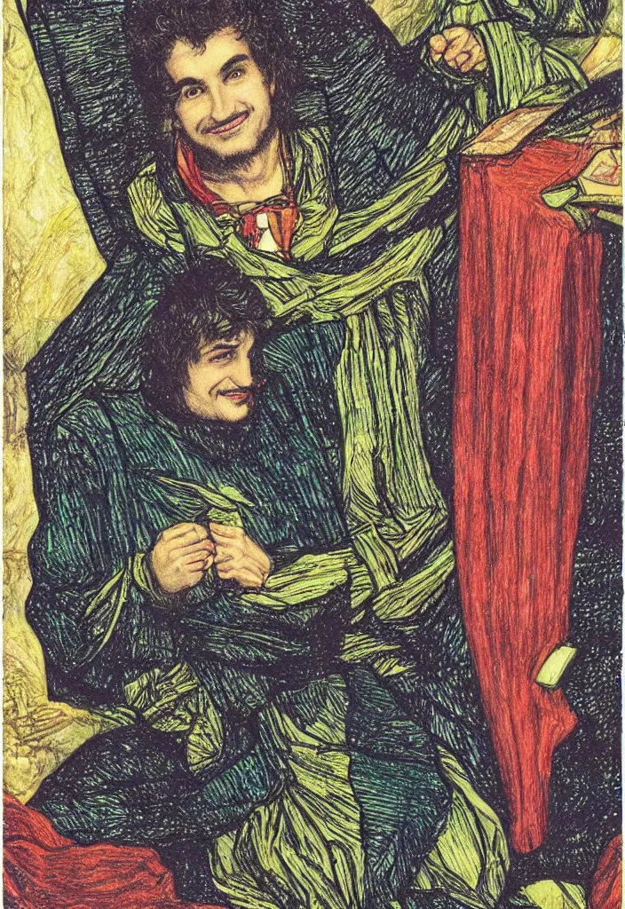 Prompt: Yoshua Bengio smiling drawn on the Tarot card. Illustration by preraphaelists.