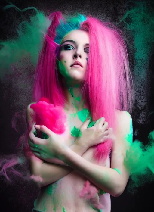 Image similar to a dramatic lighting photo of a beautiful young woman with cotton candy hair. paint splashes. moody, melanchonic. with a little bit of green and black