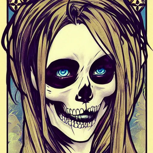 Image similar to anime manga skull portrait woman comic skeleton illustration style by Alphonse Mucha pop art nouveau