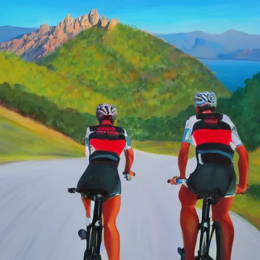 Image similar to 3 friends on professional road bycycles riding in the mountains of Mallorca, sea in the background, oil painting, 4k