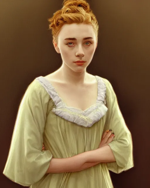 Image similar to a girl that looks like 16-year old Saoirse Ronan, Audrey Hepburn, and Scarlett Johansson, dressed in a nightgown, highly detailed, digital painting, artstation, concept art, smooth, sharp focus, illustration, ArtStation, alphonse mucha and J. C. Leyendecker and Edmund Blair Leighton Donato Giancola