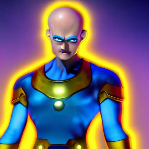 Prompt: megamind wearing the infinity gauntlet dynamic pose 4 k deviantart fanart cinematic shot