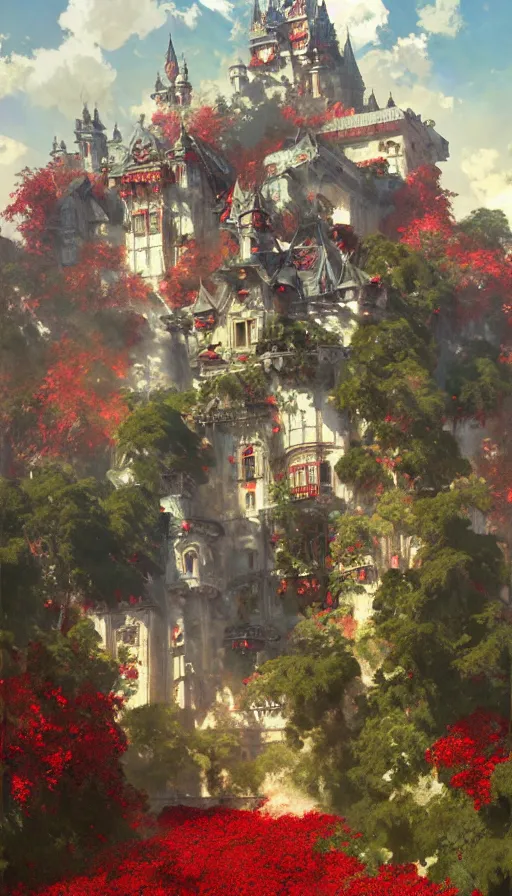 Prompt: castle seen from the sky being attacked by huge red army, cyberpunk, design on white background, beautiful details, lush foliage, drawn by john singer sargent, tom bagshaw, norman rockwell, alphonso mucha, lolish, trending on artstation