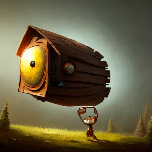 Image similar to a walking wood and metal house with two mechanical legs and two eyes, rust, hyperrealistic, highly detailed, cinematic, single ray of sun, morning, pareidolia, gravity falls style, beautiful, cgssociety, artstation, 8 k, oil painting, digital art