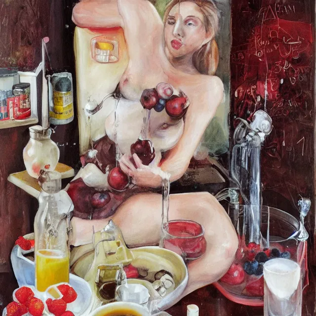 Prompt: sensual, a portrait in a female art student's apartment, pancakes, milk ; maple syrup, woman holding pork from inside a painting, berries, pig, houseplants in scientific glassware, art supplies, a candle dripping white wax, berry juice drips, neo - expressionism, surrealism, acrylic and spray paint and oilstick on canvas