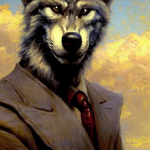 Prompt: a portrait of a wolf dogman canine lawyer. highly detailed painting by gaston bussiere, craig mullins, j. c. leyendecker, furry