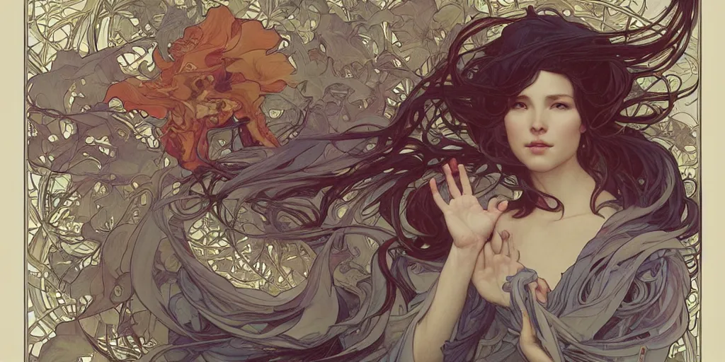 Image similar to such complicated hands, by james jean, by artgerm and greg rutkowski and alphonse mucha. uhd, amazing depth, cinematic lighting, glossy wet levitating floating fungus god with arms outstretched.