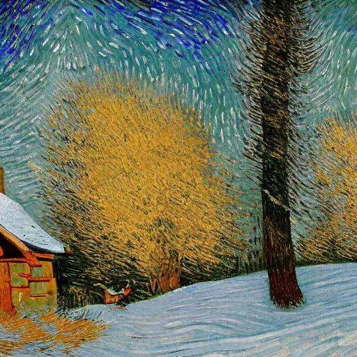 Image similar to beautiful oil painting, snowy snow storm, woodland meadow, log cabin, smoke billowing from chimney, evening, light from window, water stream, water wheel, oak trees, pine trees, rabbits, squirrel, fox, mild breeze wind, falling snow, snow on trees and ground, mountain in background, high detailed, by van gogh