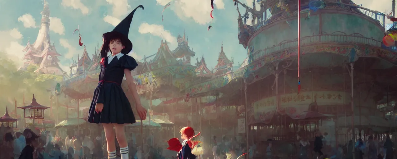 Image similar to young student witch wearing magic school uniform patrolling around small town carnival amusement, food stalls, big top circus tent, highly detailed, magical, japan, digital painting, concept art, matte, art by ruan jia and wlop and greg rutkowski and makoto shinkai, masterpiece