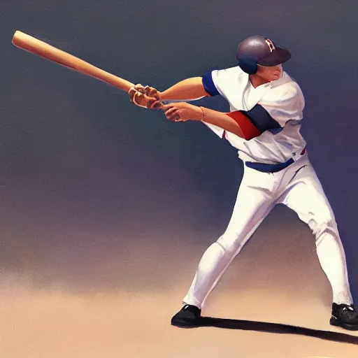 Image similar to baseball player hitting the ball with the baseball bat in the middle of the game and in front of everyone in the stadium, james gurney painting style, greg rutkowski, artstation