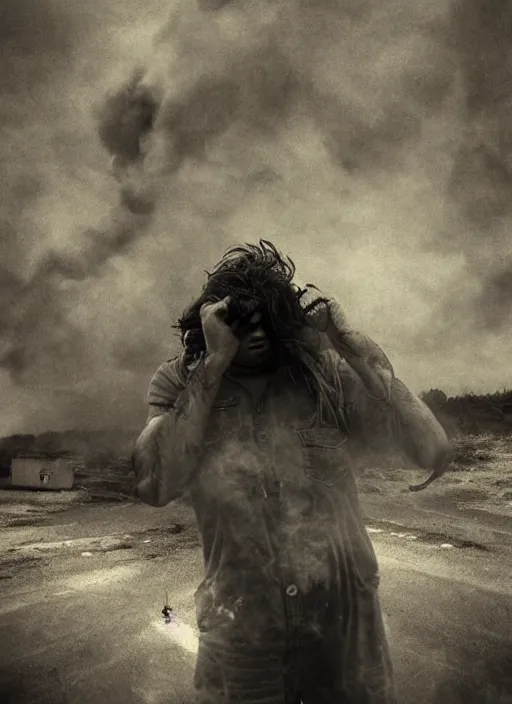 Prompt: The last selfie on earth, hyper realism, devastation, fear, sadness, tears, ominous background, smoke, fire storm, by Lee Jeffries