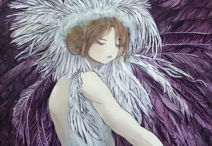 Image similar to little girl with a short white haircut wearing a dress made of feathers, artwork in the anime style, dark, anatomically perfect