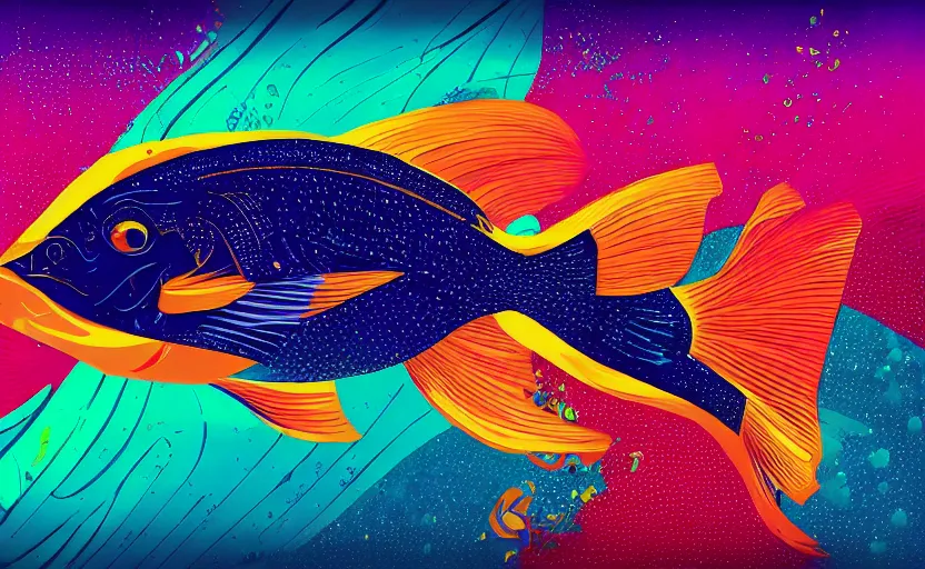 Prompt: one stylized fish with saturated colors viewed in profile in the dark ocean filled with complex sparkles and patterns, artstation, intricate, realistic, highly detailed, digital painting, concept art, sharp focus, illustration by tom whalen and charles williams and kilian eng and james jean