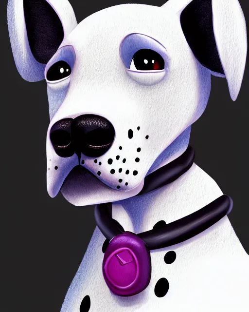 Image similar to digital painting full body of anthropomorphic furry female dalmatian dog, in style of zootopia, female fursona, furry, furaffinity, 4 k, deviantart, furry art, fursona art, wearing a black hoodie, dog fursona, female, cute detailed feminine face,