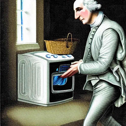 Image similar to george washington washing his clothes next door washing machine digital painting art