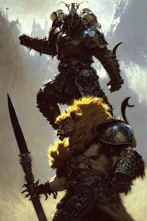 Image similar to giant hulking heavily armoured fantasy warrior with a lion head hood with a backpack full of swords and axes, portrait dnd, painting by gaston bussiere, craig mullins, greg rutkowski, yoji shinkawa