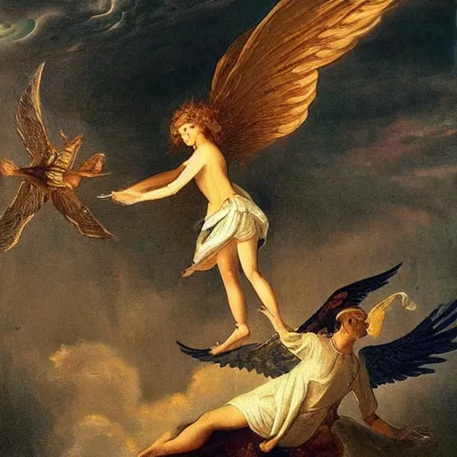 Prompt: the painting shows an angel riding a bird, in the sky over a vast realm, fantasy, epic, epic scale