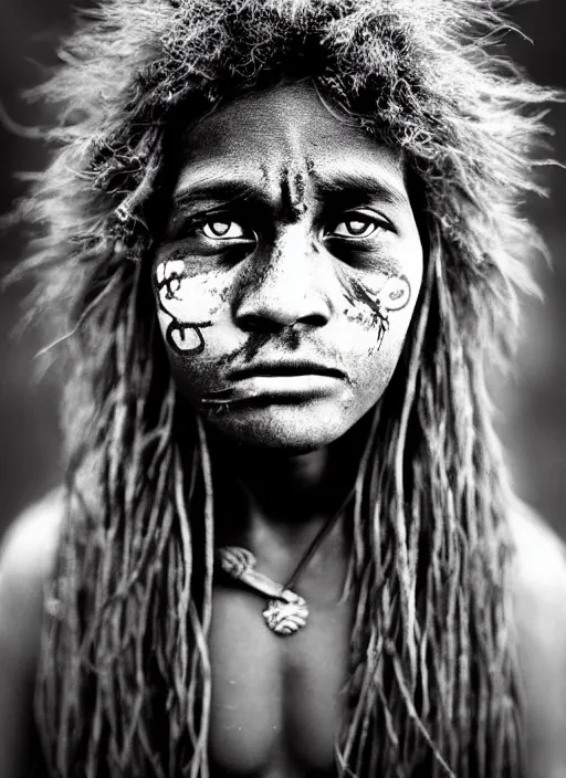 Image similar to Award winning Editorial photo of a Native Nauruans with incredible hair and beautiful hyper-detailed eyes wearing traditional garb by Lee Jeffries, 85mm ND 5, perfect lighting, gelatin silver process