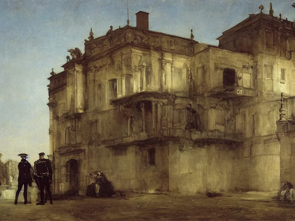 Prompt: prussian officers quarters by arnold bocklin. oil on wood. matte painting