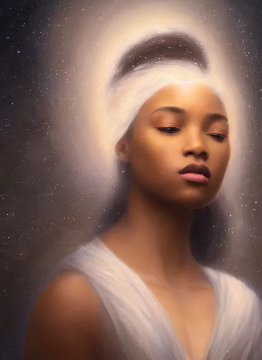 Prompt: oil painting close up portrait of a contemplative young black woman with long flowing hair in a dress made of nebular stardust galaxies, with white roses at sunset, hazy, digital art, chiaroscuro, artstation, cinematic, golden hour, concept art, digital art painting by greg rutkowski, william - adolphe bouguereau, hazy atmosphere, cinematic lighting