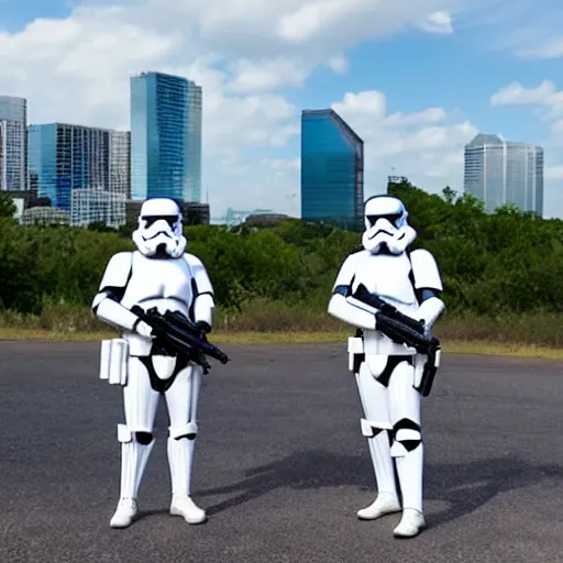 Image similar to stormtroopers in front of the austin skyline