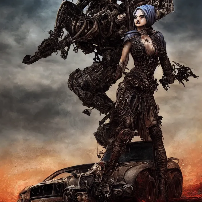 Image similar to beautiful apocalyptic woman in hooded cloak, standing on mad max muscle car, hyper-detailed, smooth, sharp focus, 4k ultra hd, fantasy dark art, tank girl, artgerm, artstation, octane render, elegant, detailed digital painting, apocalyptic art, gears of war, unreal engine, cryengine