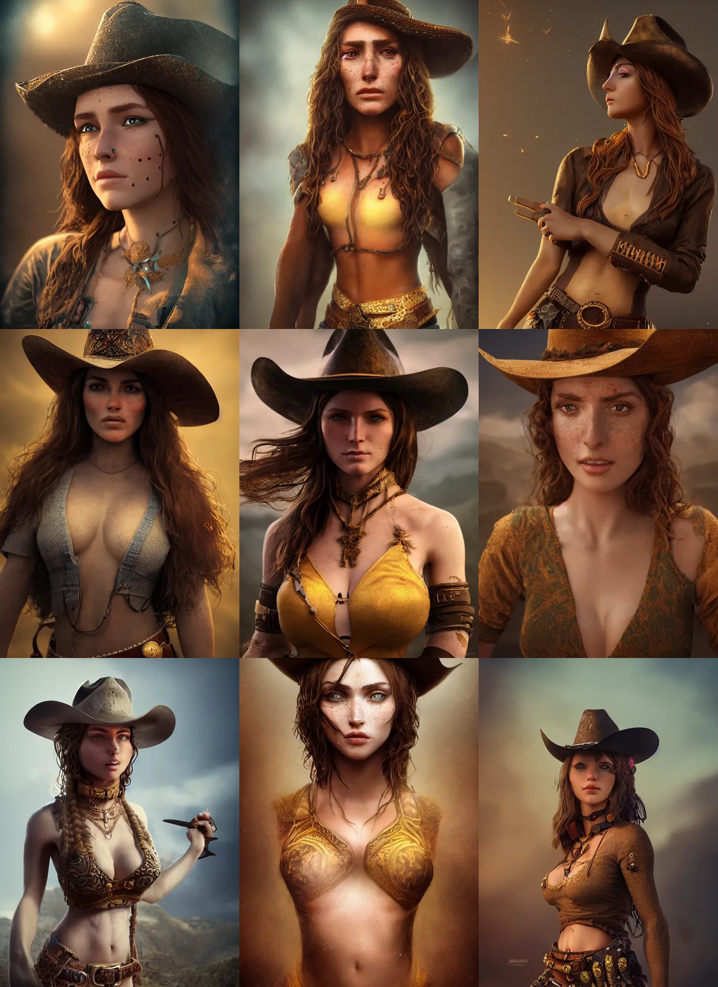 Prompt: detailed full body concept beautiful matte painting of a beautiful cowgirl with a beautiful face, insanely detailed and intricate, octane render, golden ratio, dark fractal background, vfx, postprocessing, freckles, alluring