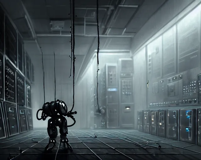 Image similar to gloomy colossal ruined server room in datacenter robot figure automata headless drone robot knight welder posing pacing fixing soldering mono sharp focus, emitting diodes, smoke, artillery, sparks, racks, system unit, motherboard, by pascal blanche rutkowski artstation hyperrealism cinematic dramatic painting concept art of detailed character design matte painting, 4 k resolution blade runner