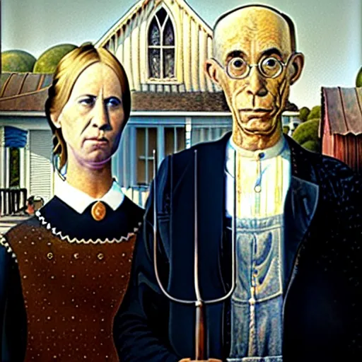 Image similar to A portrait of American Gothic by Grant Wood, but the people are astronauts.