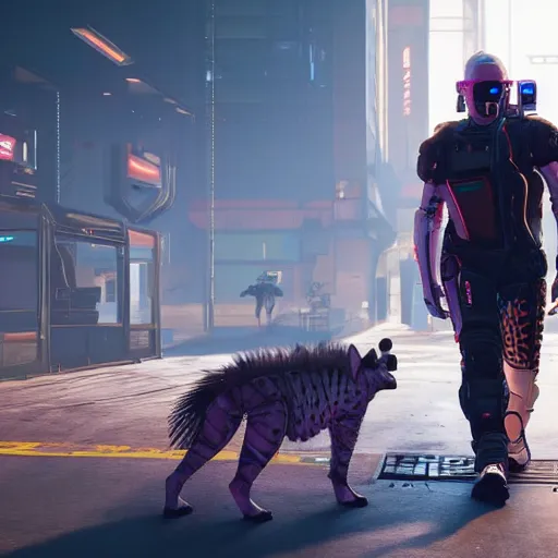 Prompt: cute baby robot hyena, realistic lighting and proportions, cyberpunk 2 0 7 7 screenshot