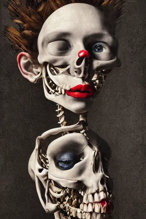 Image similar to Detailed maximalist portrait with large lips and with large eyes, sad expression, skeletal, HD mixed media, 3D collage, highly detailed and intricate, surrea, illustration in the style of Caravaggio, dark art, baroque