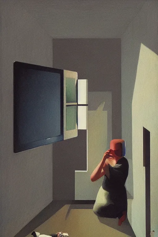 Image similar to woman put the television through her head Edward Hopper and James Gilleard, Zdzislaw Beksisnski, higly detailed