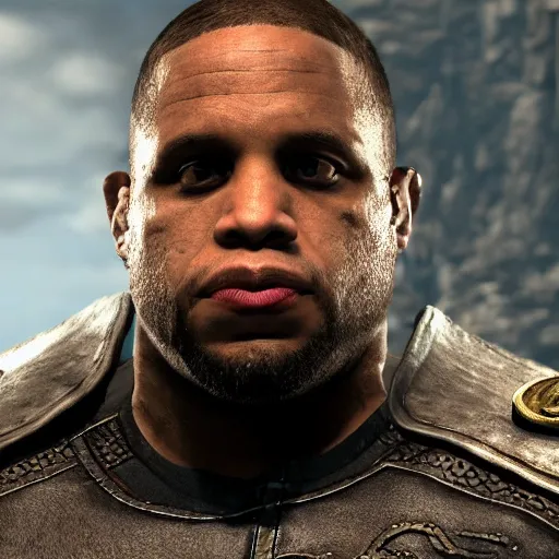 Image similar to character screenshot of ufc commentator daniel cormier dc in skyrim, warrior armor, npc talking, wilderness, 1 0 8 0 p, bokeh, elder scrolls v, detailed, dialog text