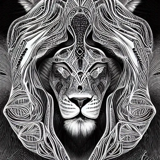 Image similar to a symmetrical portrait illustration of a lion hand drawn sketch on artstation 4 k intricate extremely detailed digital art by alex grey infinite wisdom sacred geometry